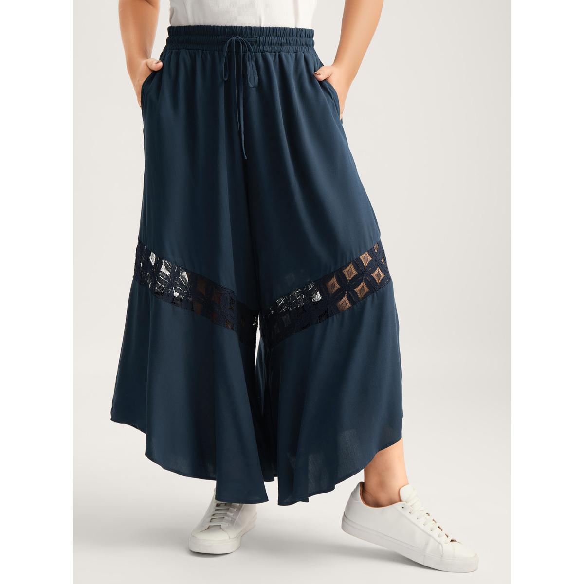 Plus Size Sheer Lace Trim Flared Drawstring Pants Women Indigo Casual Wide Leg Mid Rise Casual Pants BloomChic 28/5X Product Image