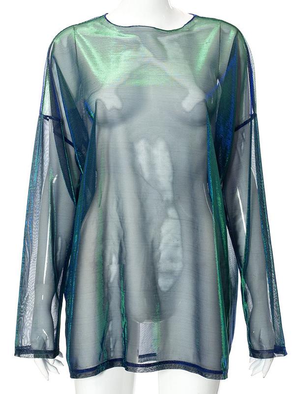 Long Sleeves Loose Gauze See-Through Round-Neck T-Shirts Tops Product Image