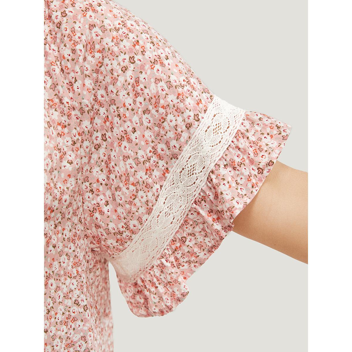 Plus Size Crepe Ditsy Floral Frill Trim Lace Ruffle Sleeve Tie Neck Blouse Women Elegant Short sleeve Tie Neck Dailywear Blouses BloomChic 18-20/2X Product Image