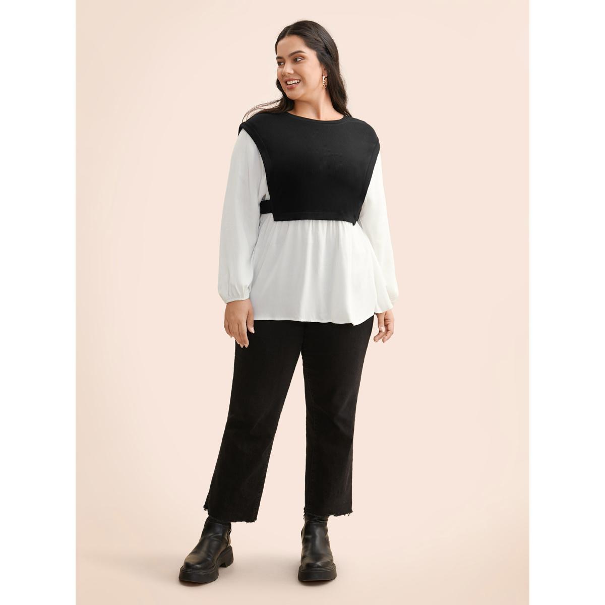 Plus Size Multicolor Round Neck Patchwork Contrast Gathered Blouse Women Casual Long Sleeve Round Neck Everyday Blouses BloomChic 22-24/3X Product Image