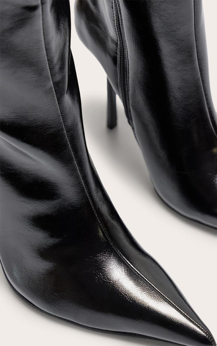 Black PU Point Toe Knee High Stiletto Heeled Boots Product Image