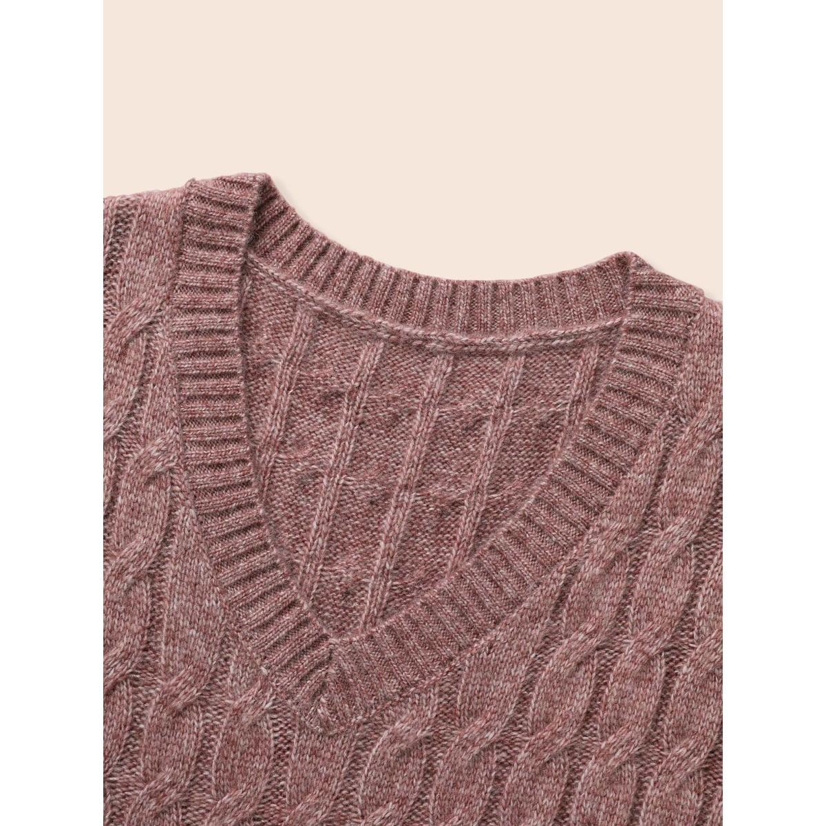 Plus Size Heather Texture Cable Knit Pullover Plum Women Casual Long Sleeve V-neck Everyday Pullovers BloomChic 28/5X Product Image