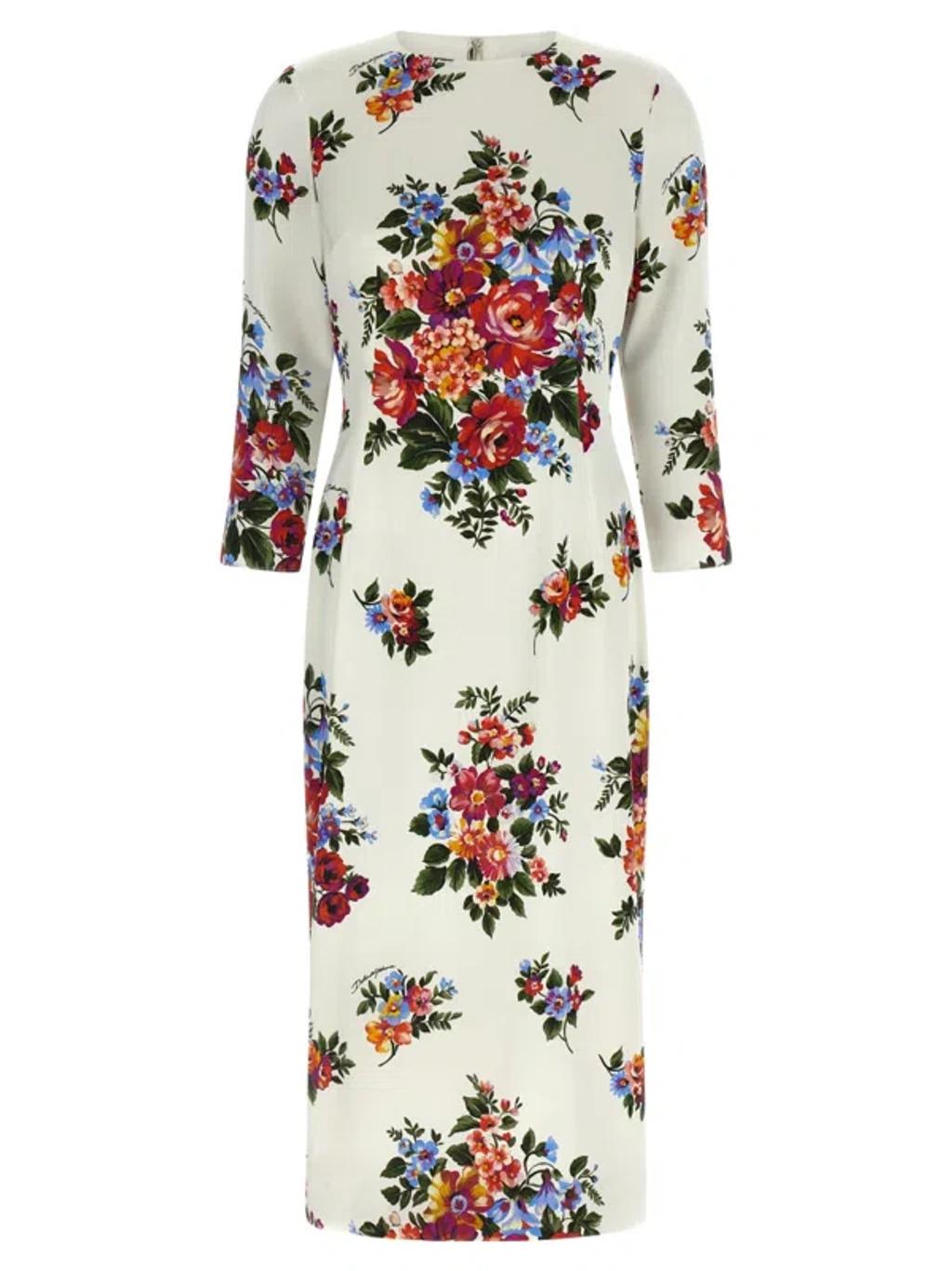 DOLCE & GABBANA Abito Midi Bianco Con Stampa Floreale Dolce E Gabbana In White Product Image