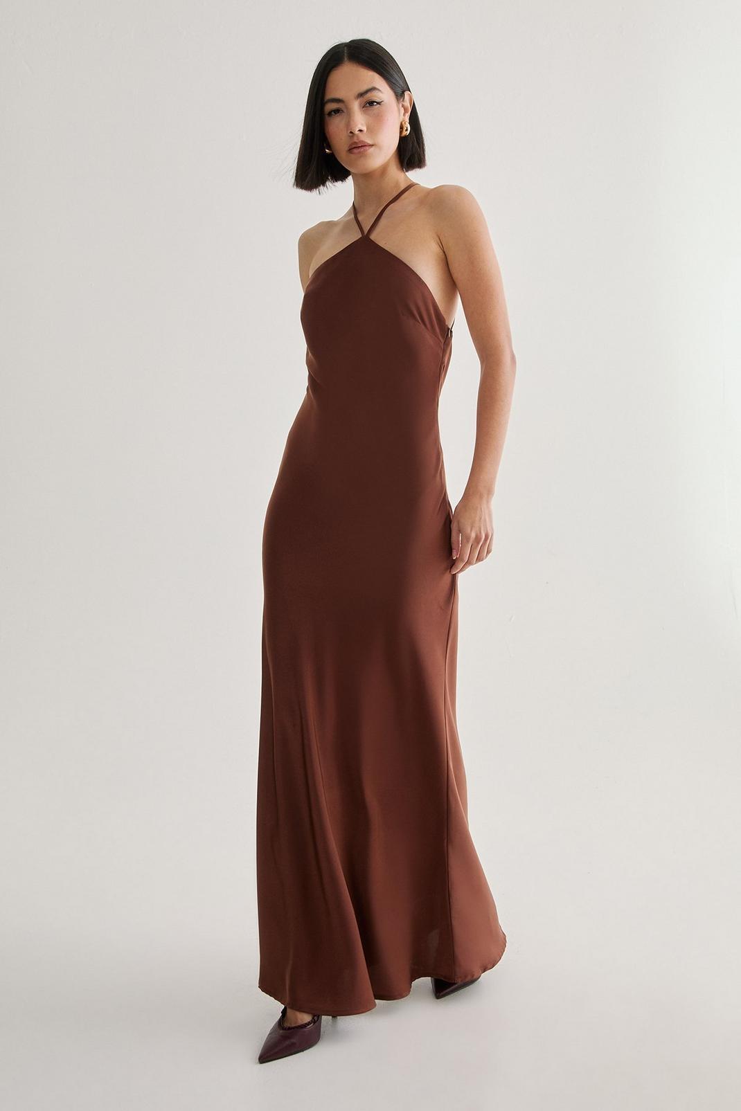 Satin Halter Neck Cowl Back Maxi Dress Product Image