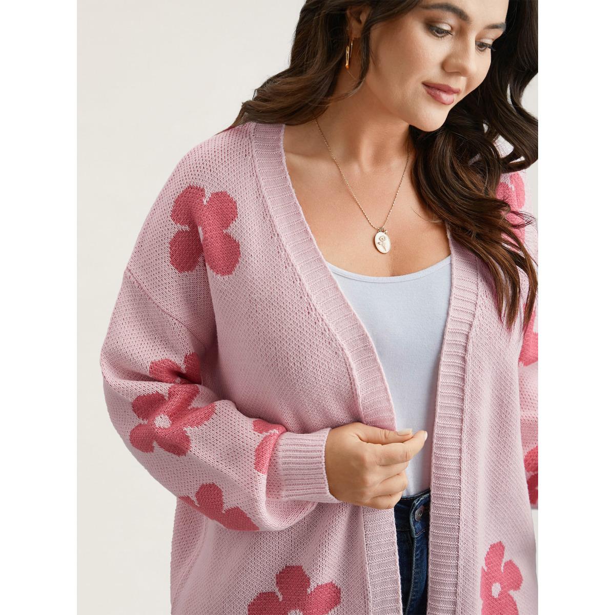 Plus Size Floral Jacquard Ribbed Hem Knit Cardigan Lightpink Women Casual Loose Long Sleeve Everyday Cardigans BloomChic 12/L Product Image