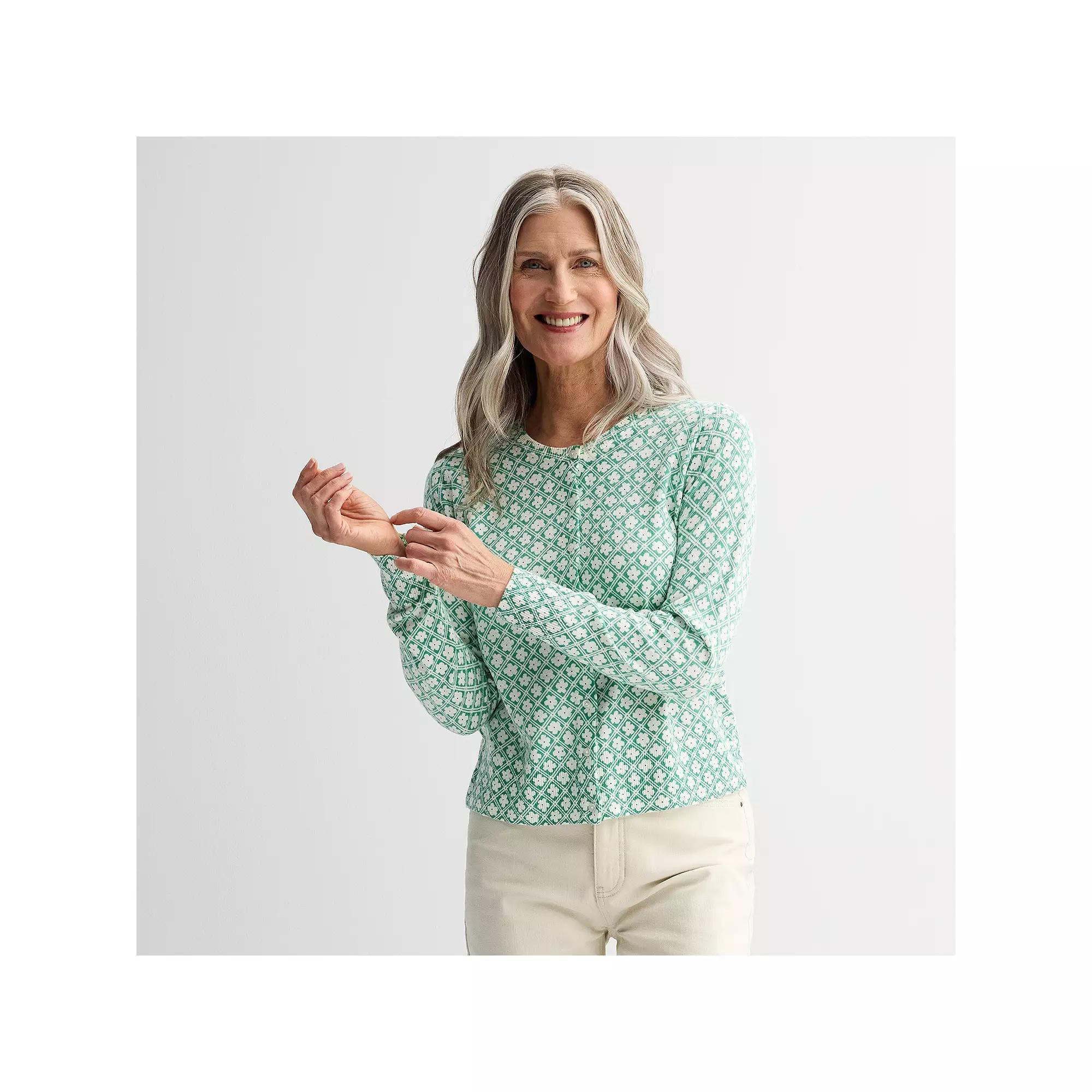 Women's Croft & Barrow® Crewneck Long Sleeve Classic Cardigan, Size: XL, Green Floral Tile Product Image