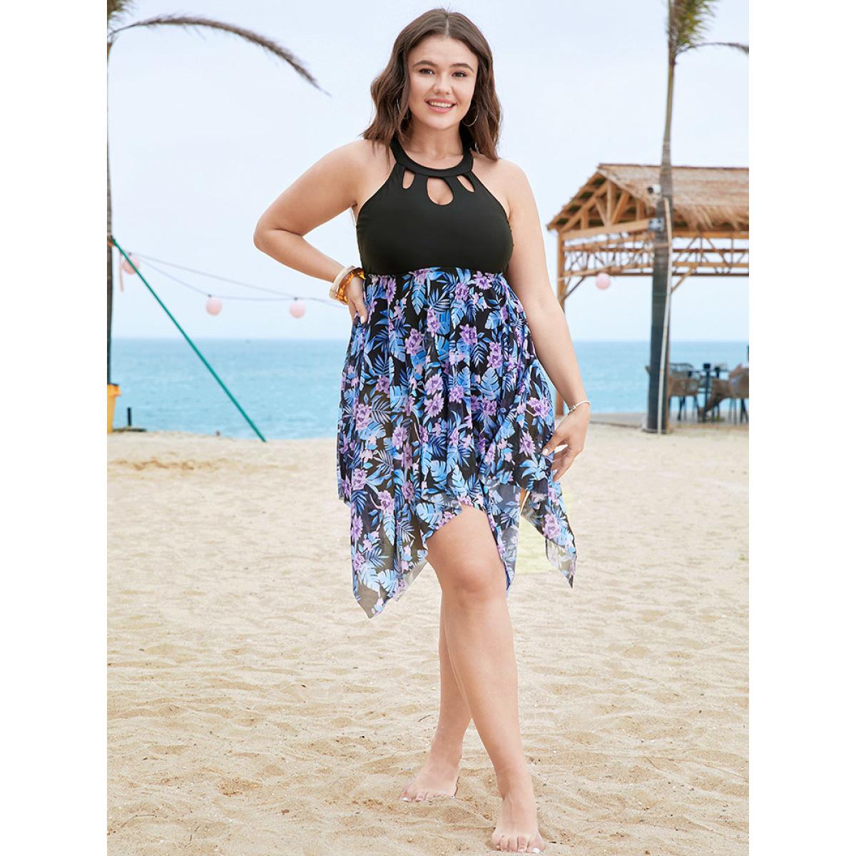 Plus Size Floral Cut Out Halter Neck Hanky Hem Swim Dress Women's Swimwear BlackFlower Vacation Bodycon Halter neck High stretch Curve Swim Dresses BloomChic 26/4X Product Image