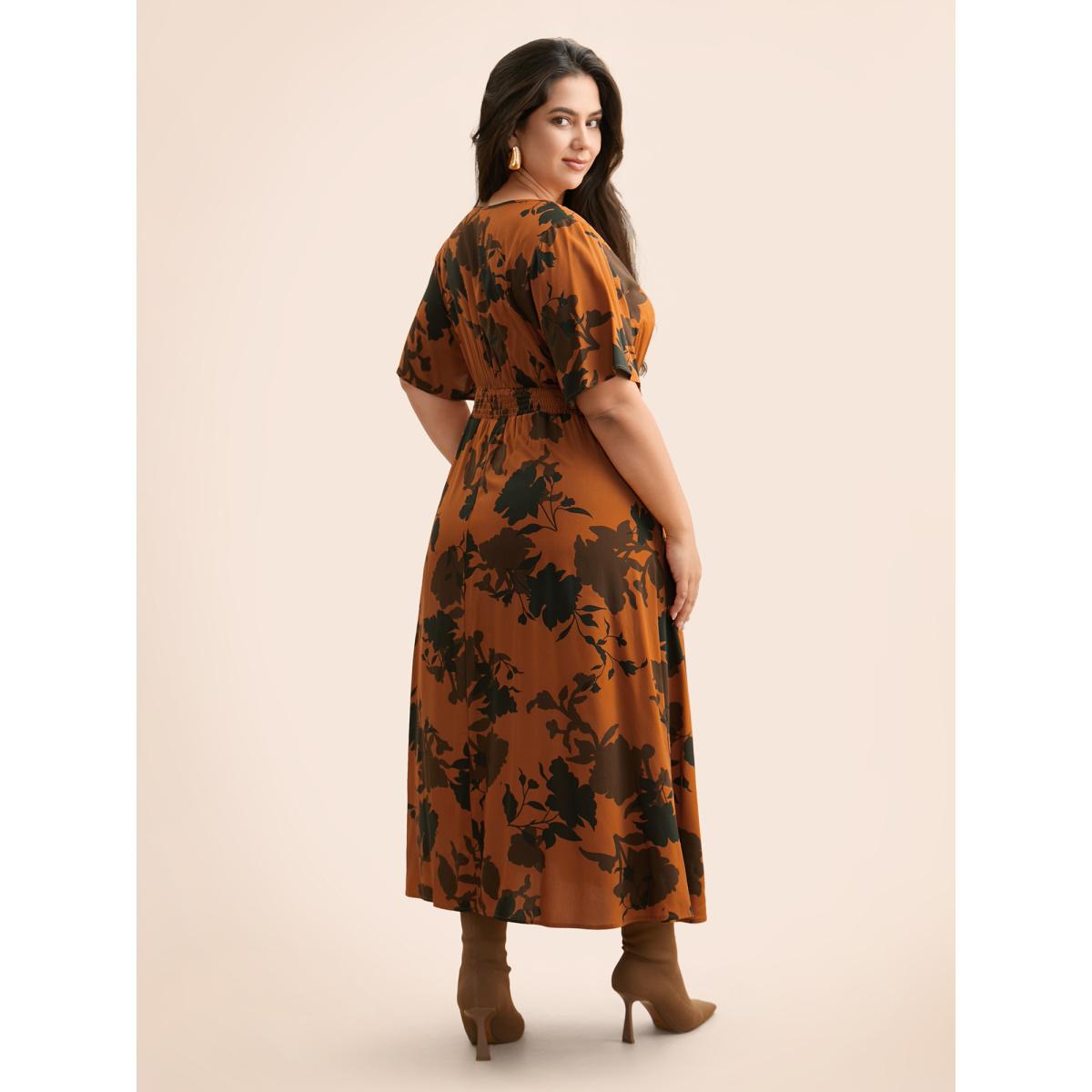Plus Size Silhouette Floral Print Ruffle Sleeve Dress OrangeRed Women Elegant Shirred V-neck Half Sleeve Curvy BloomChic 22-24/3X Product Image