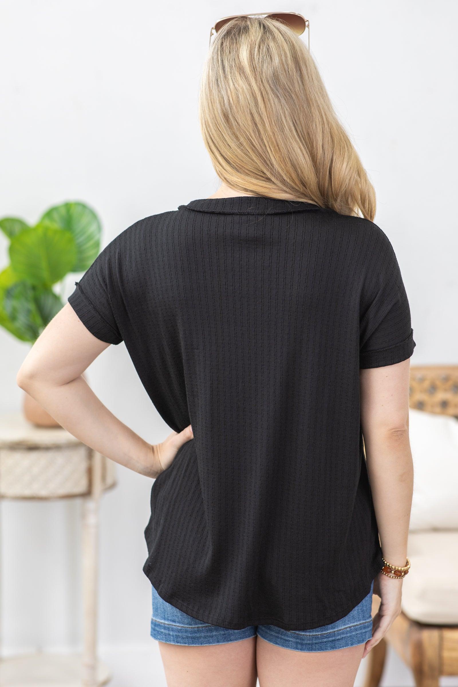 Black Textured Knit Top With Pocket Product Image