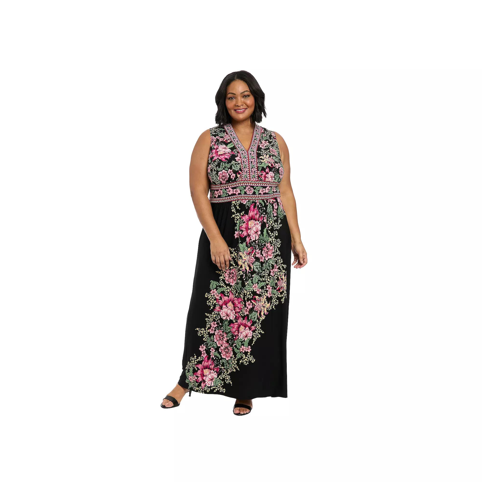Plus Size London Times V-Neck Sleeveless Maxi Dress, Women's, Size: 14 W, Black Pink Product Image