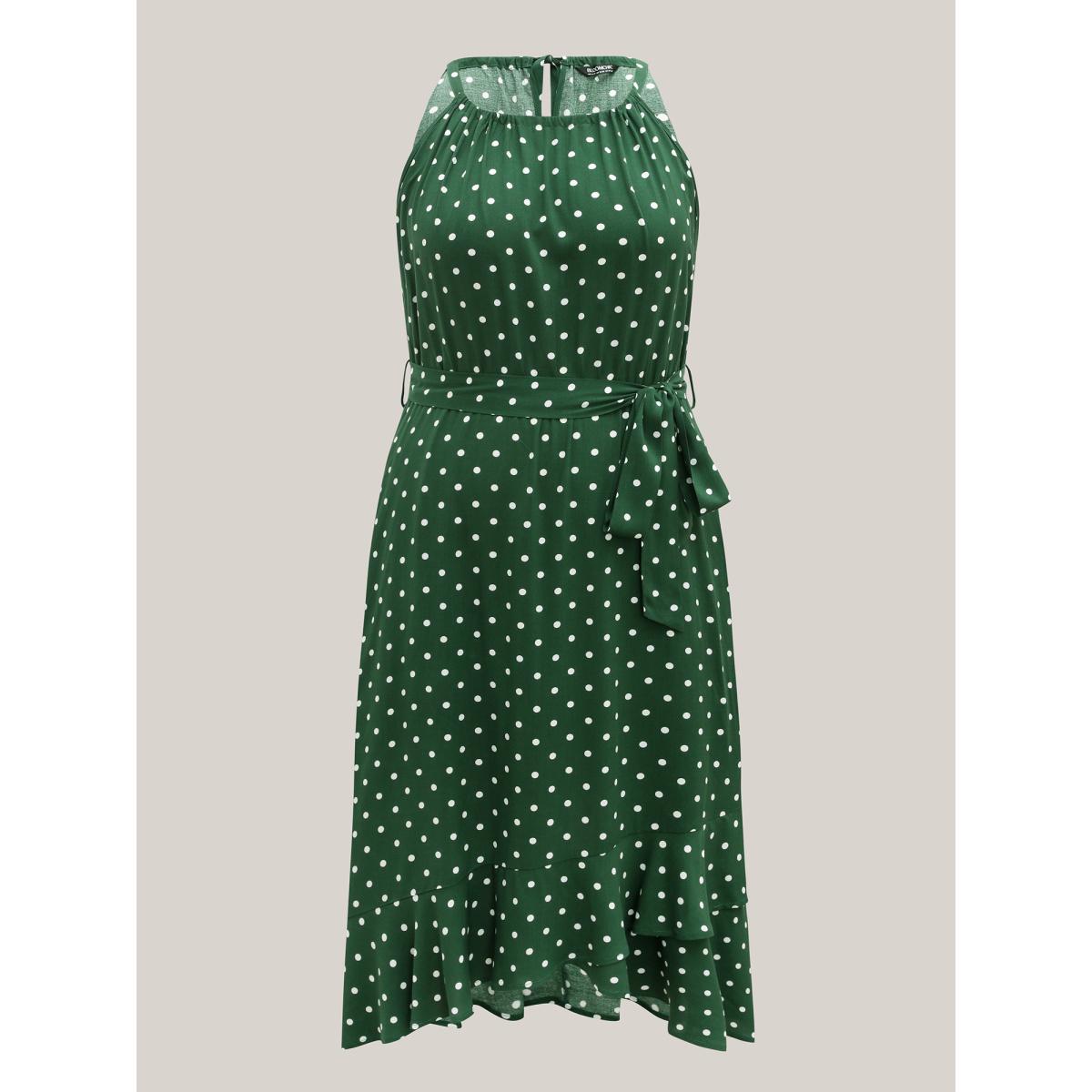 Plus Size Polka Dots Halter Neck Belted Midi Dress Truegreen Women Romantic Halter neck Sleeveless Curvy BloomChic 28/5X Product Image