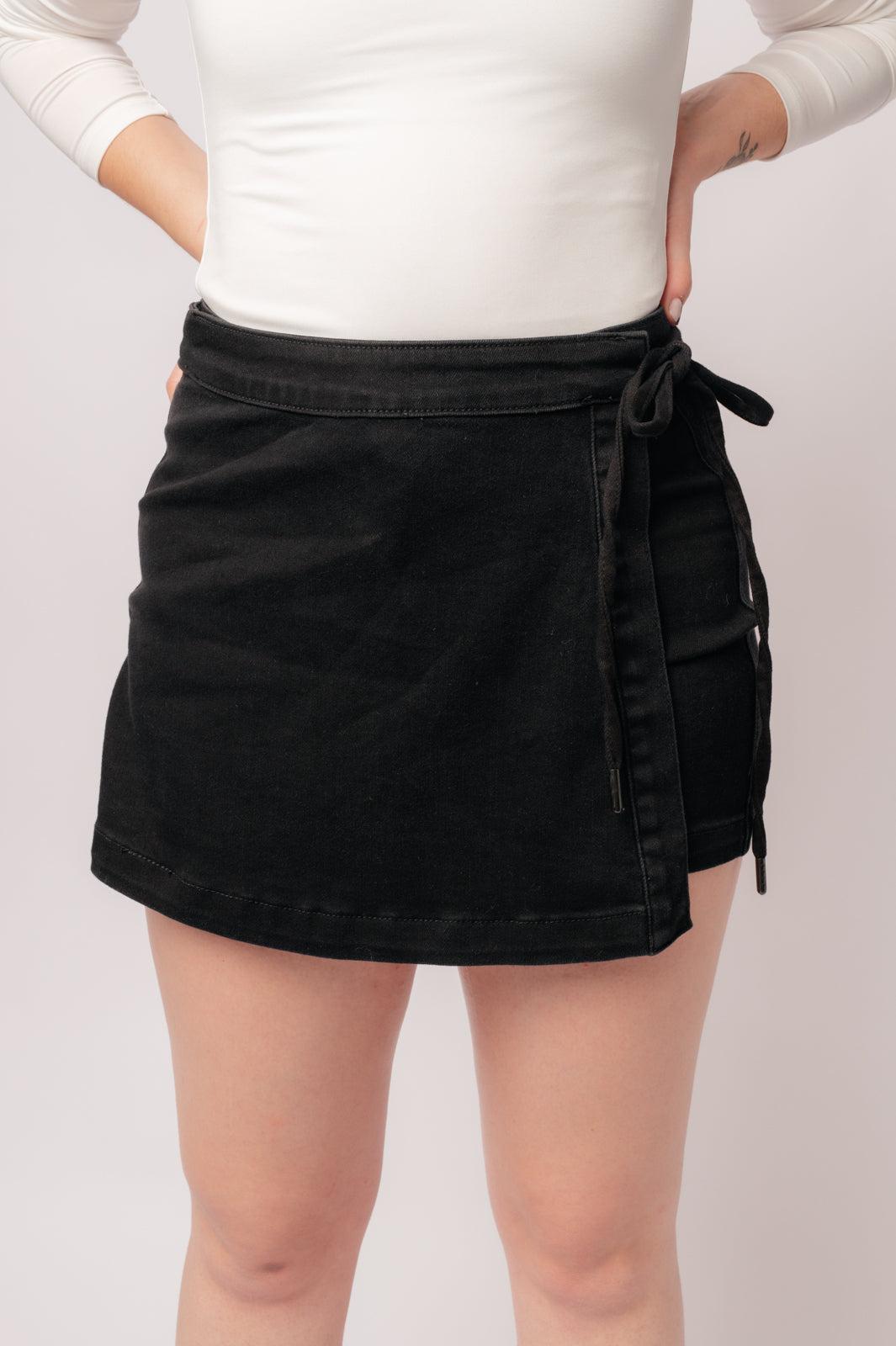 Bentli High Rise Side Tie Denim Skort in Black (Online Exclusive) Product Image