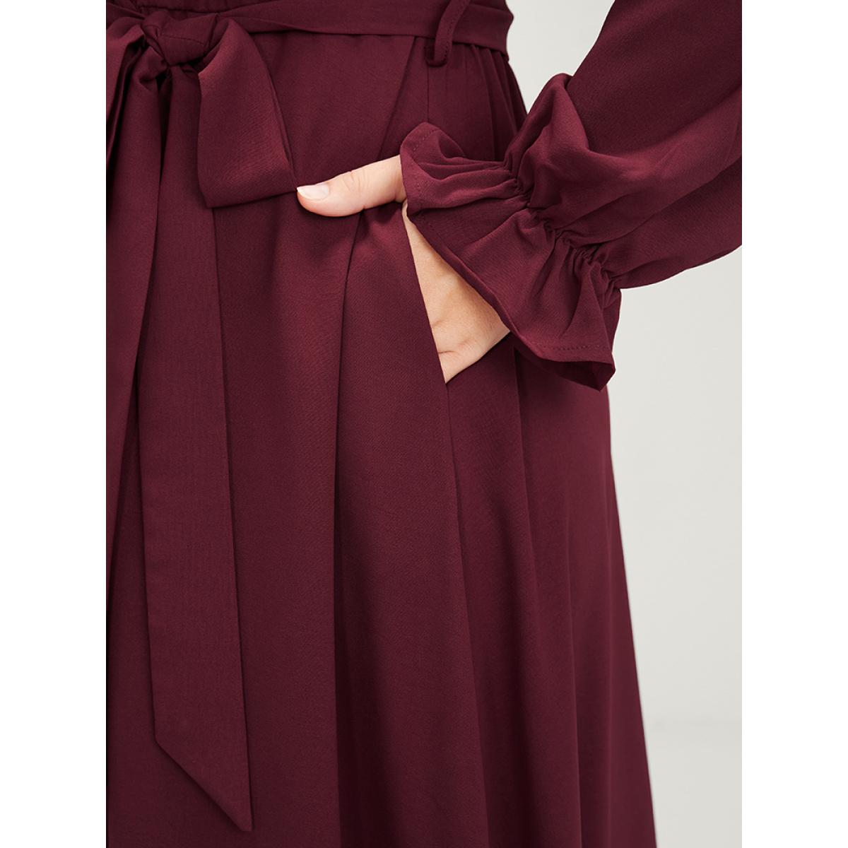 Plus Size Solid Lantern Sleeve Crochet Lace Button Ties Belted Maxi Dress Burgundy Women Elegant Plain V-neck Long Sleeve Curvy Long Dress BloomChic 30/6X Product Image