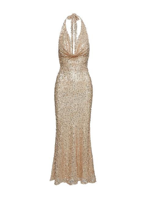 Luxurious Cowl Neck Sequin Maxi Dress Champagne Product Image