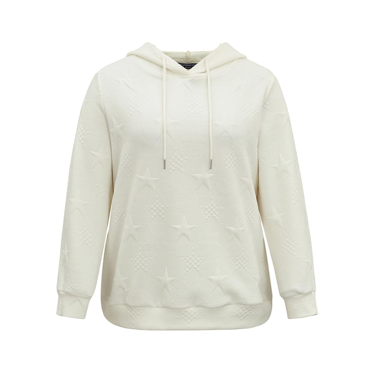 Plus Size Plain Star Jacquard Hooded Sweatshirt Women White Casual Plain Hooded Dailywear Sweatshirts BloomChic 22-24/3X Product Image