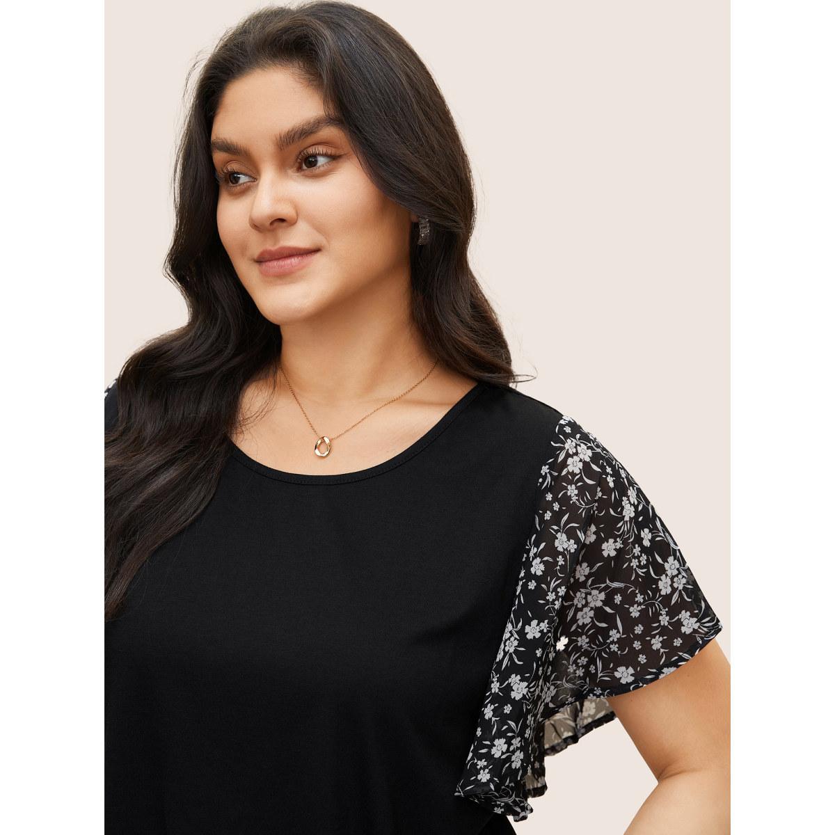 Plus Size Ditsy Floral Ruffle Sleeve Round Neck T-Shirt Black Women Elegant Ditsy Floral Everyday T-shirts BloomChic 28/5X Product Image