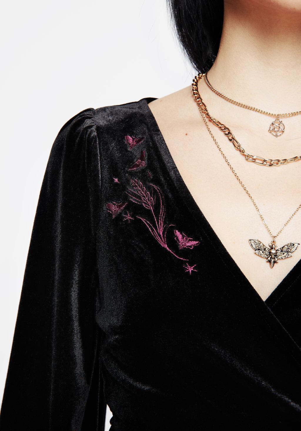 Styx Moth Embroidered Velour Wrap Top Product Image