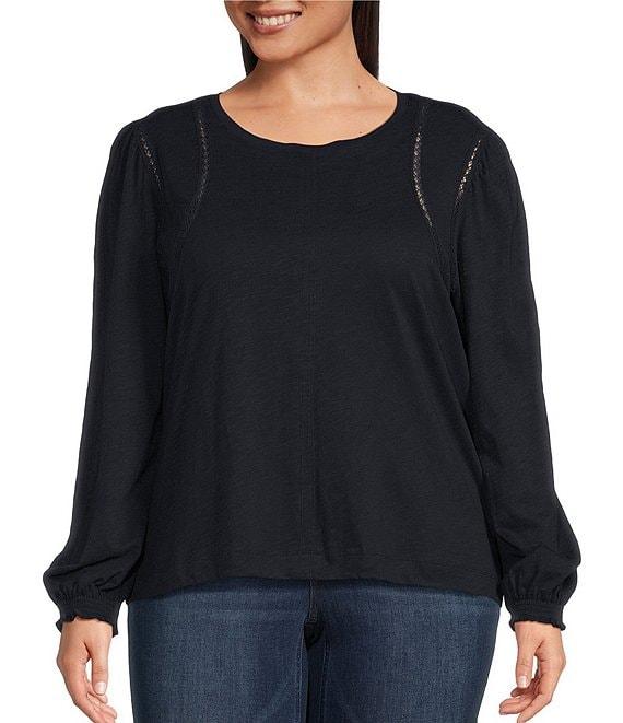 Democracy Plus Size Knit Crew Neck Long Sleeve Crochet Fagoting Detail Top Product Image