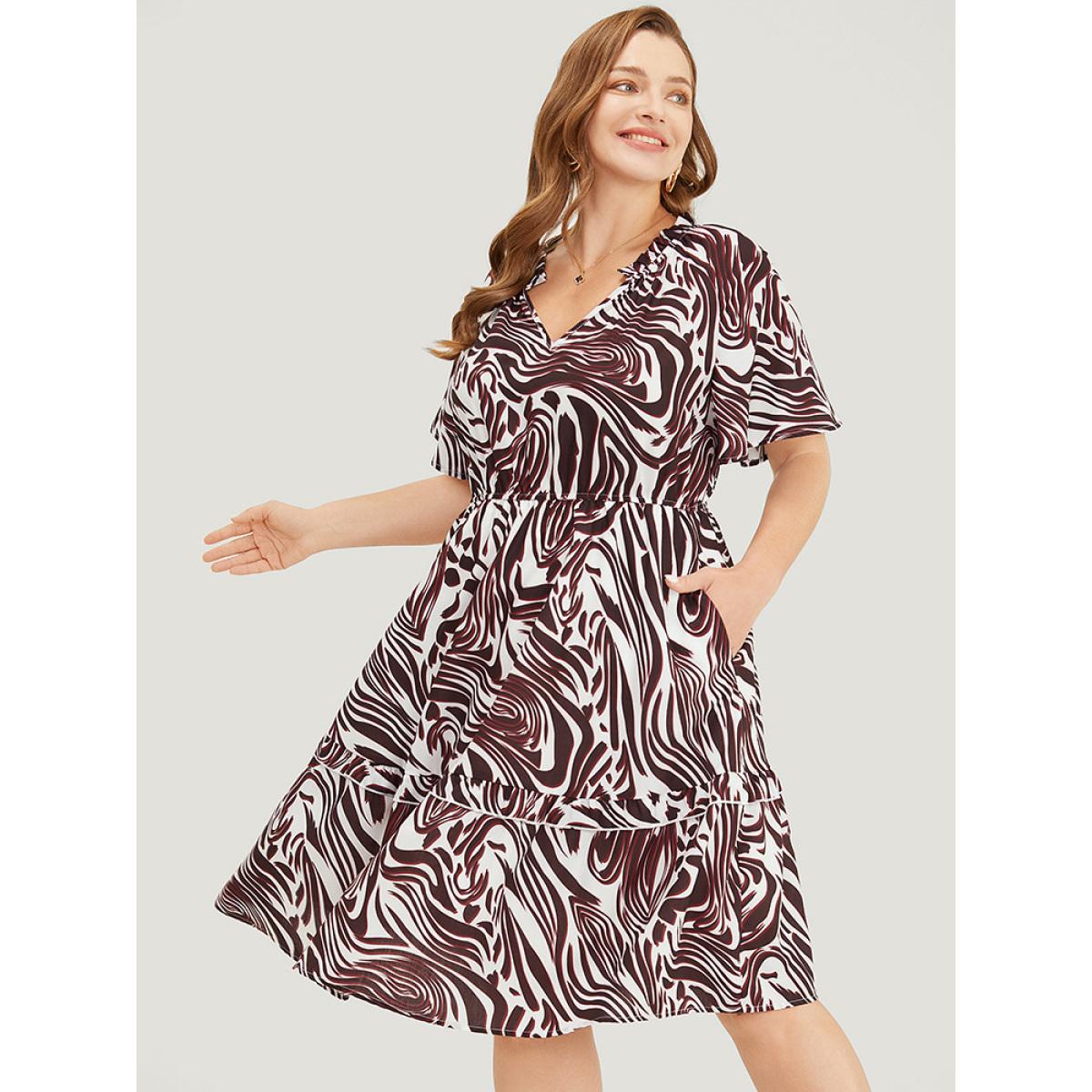 Plus Size Zebra Print Frill Trim Pocket Ruffle Sleeve Dress Multicolor Women Elegant Contrast V-neck Short sleeve Curvy Knee Dress BloomChic 18-20/2X Product Image