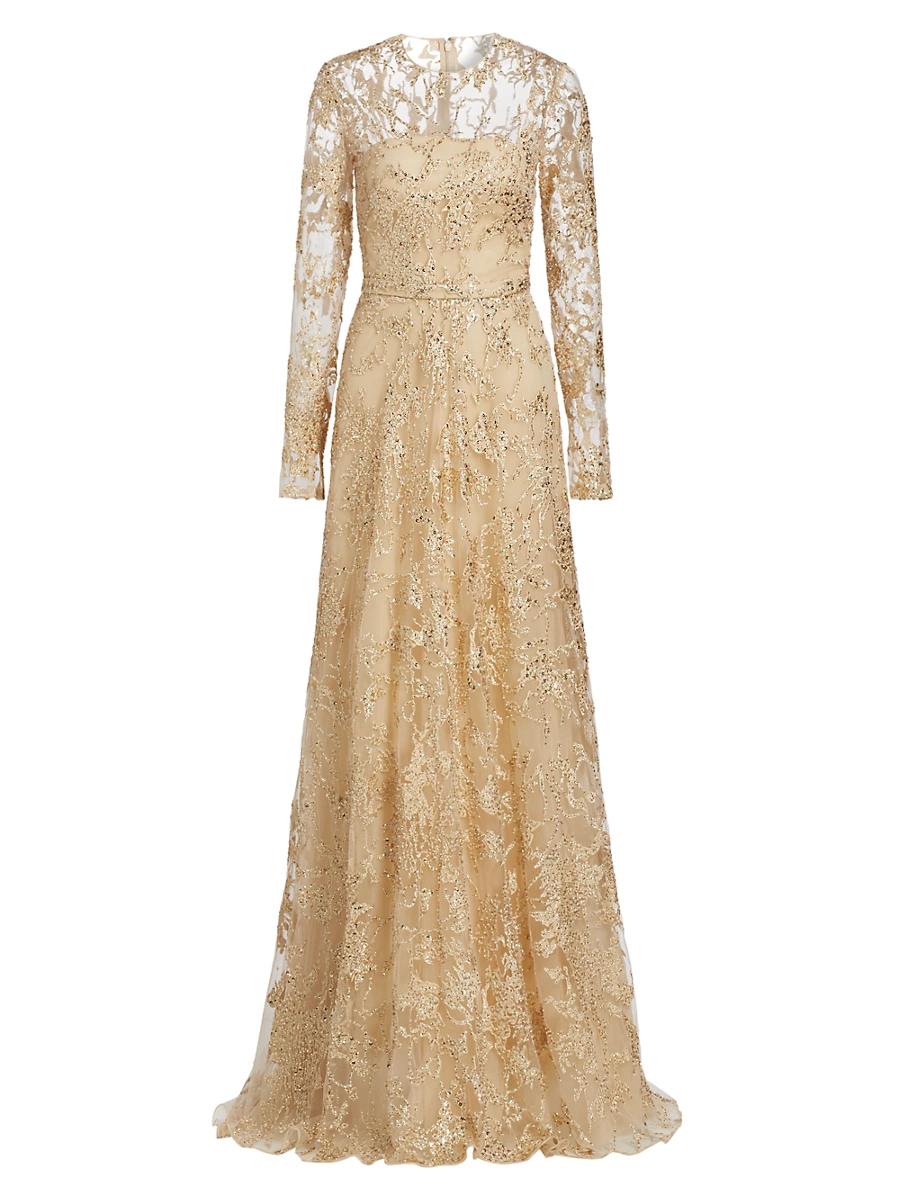 Womens Embroidered Tulle Long-Sleeve Gown Product Image