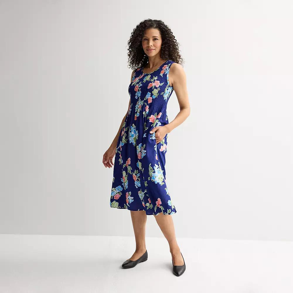 Petite Croft & Barrow Smocked Midi Dress, Womens Blue Floral Wash Product Image