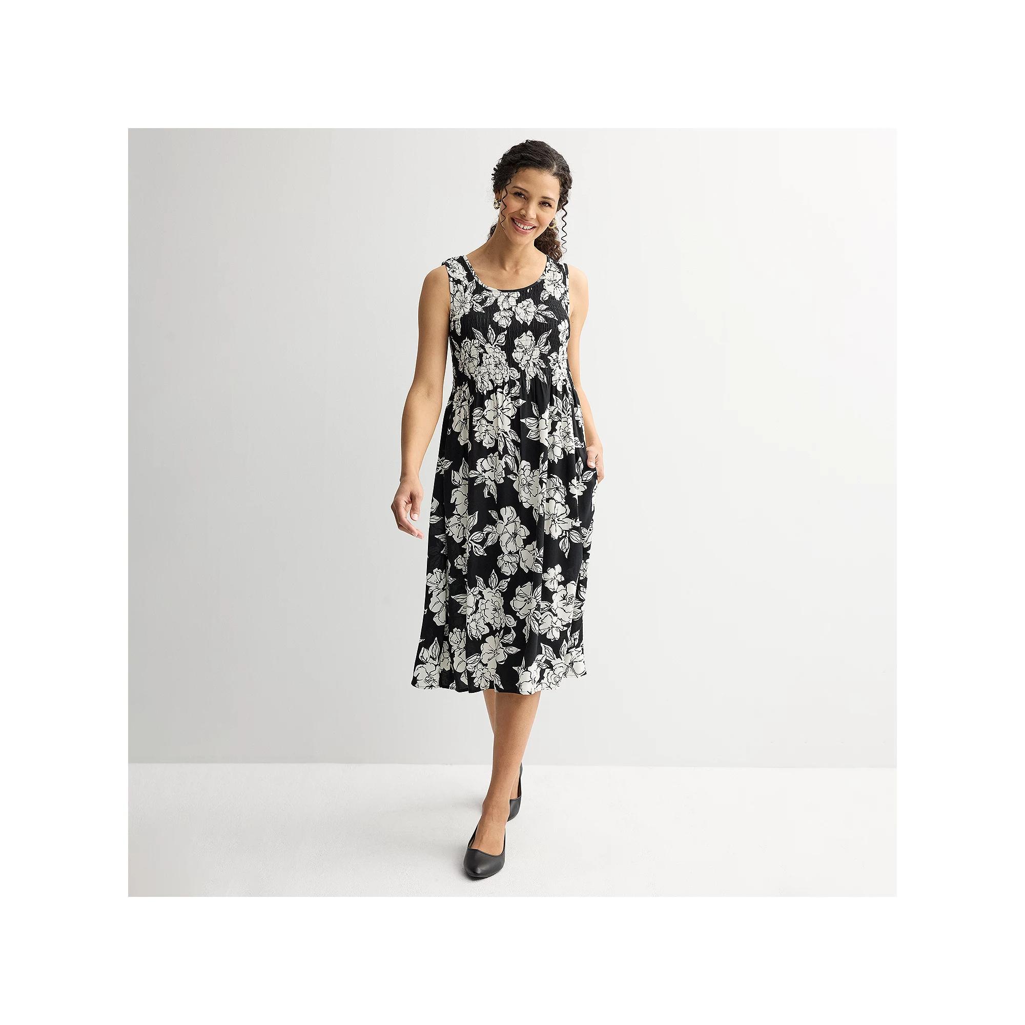 Petite Croft & Barrow® Smocked Midi Dress, Women's, Size: XS Petite, Black Line Floral Product Image