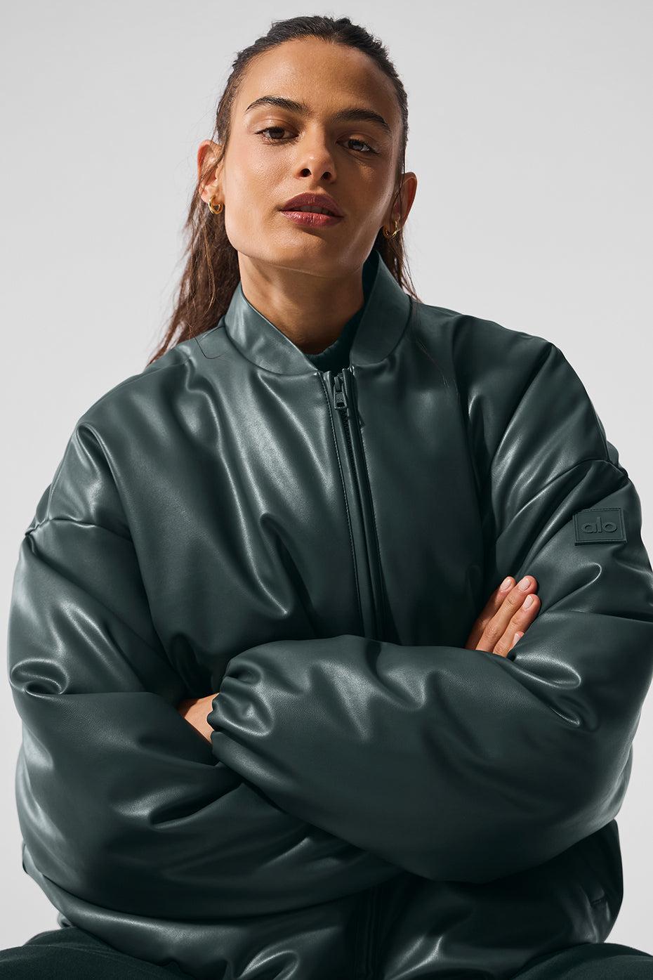 Faux Leather Premier Bomber - Charcoal Green Female Product Image