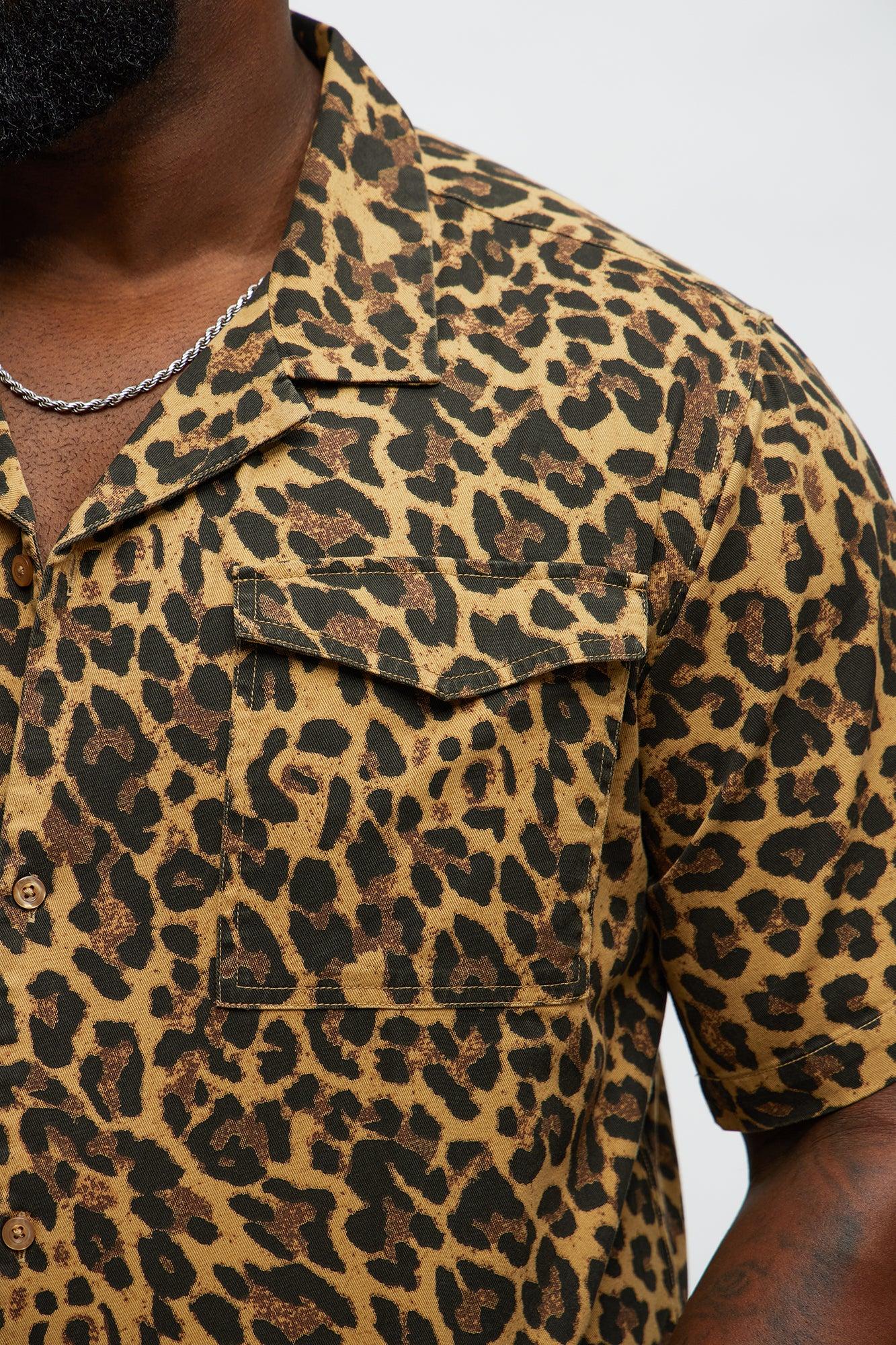 Cuban Collar Cheetah Print Button UpShirt - Tan/Multi Product Image
