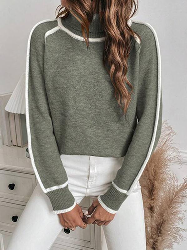 Long Sleeves Loose Contrast Color Split-Joint High Neck Sweater Tops Product Image
