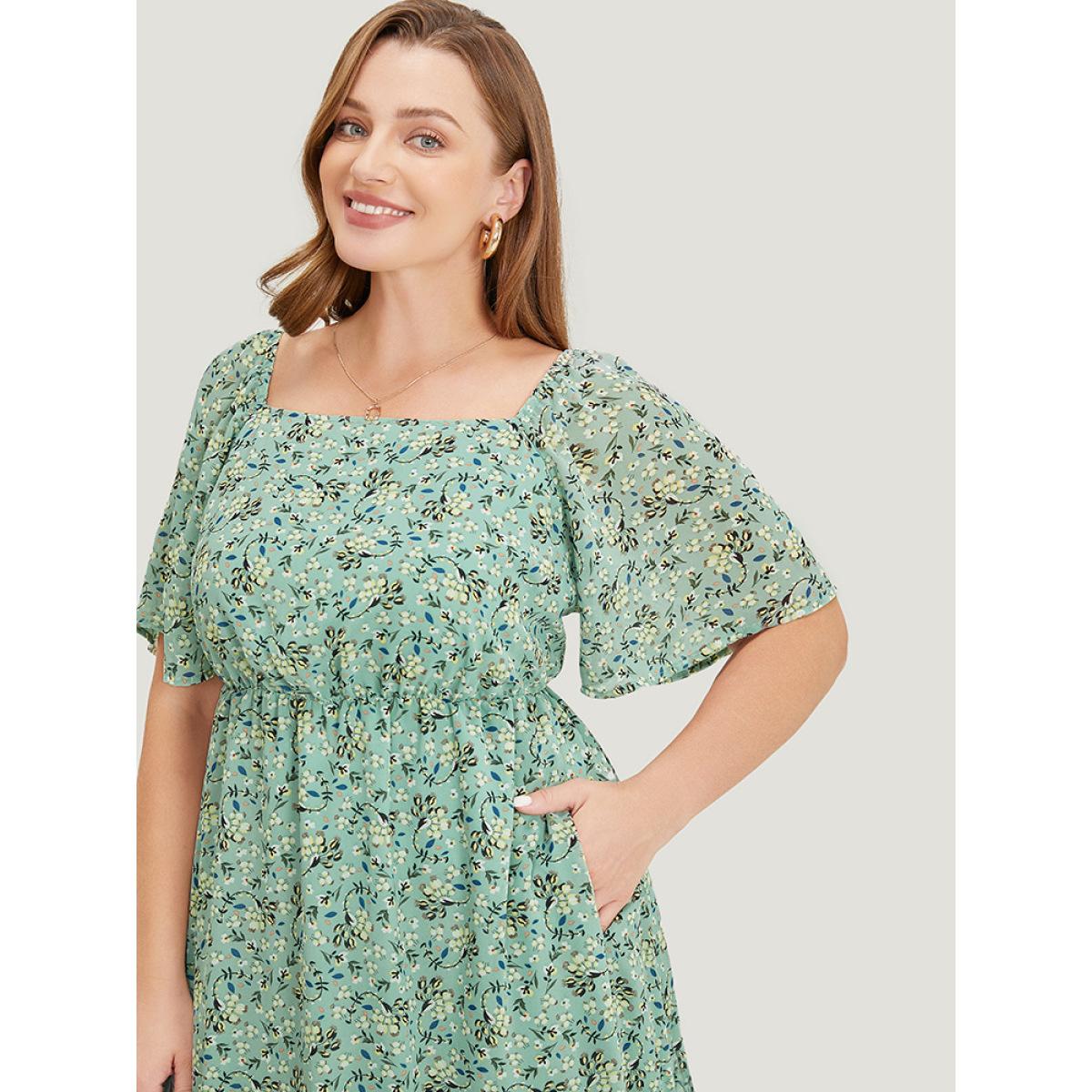 Plus Size Ditsy Floral Square Neck Frill Trim Pocket Ruffle Hem Dress Mint Women Elegant Lined Square Neck Short sleeve Curvy Short Dress BloomChic 28/5X Product Image