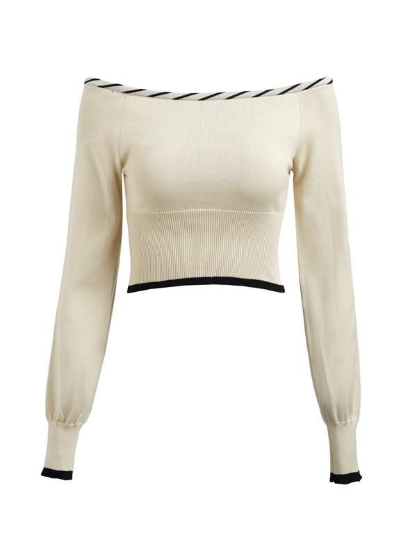 Contrast Trim Off Shoulder Cropped Long Sleeve Knit Product Image
