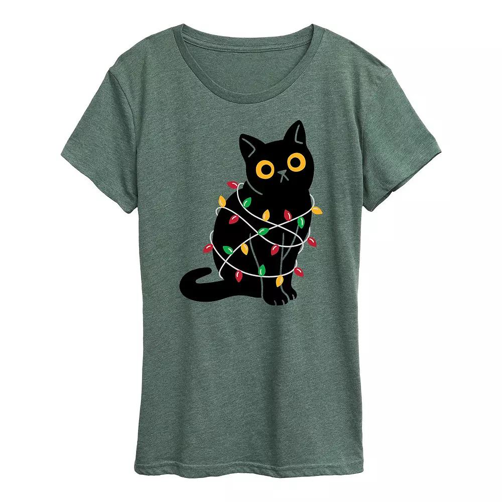 Women's Cat Wrapped In Christmas Lights Graphic Tee, Girl's, Size: Small, Green Product Image