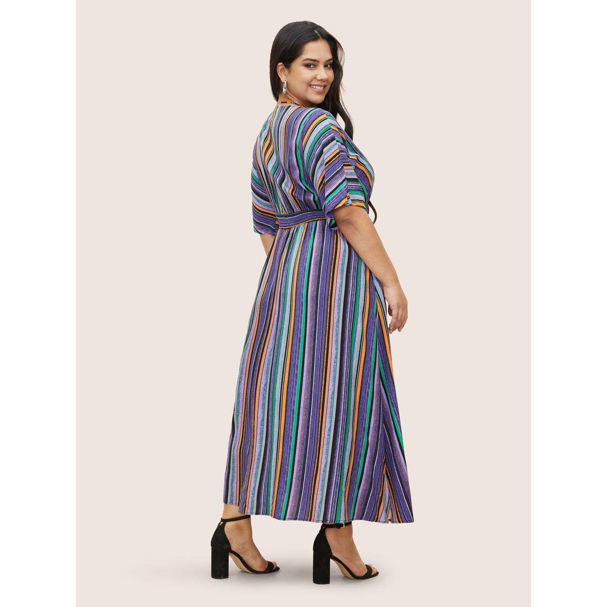 Plus Size Striped Contrast Dolman Sleeve Shirred Pocket Split Flutter Dress Mauve Women Resort Non V-neck Half Sleeve Curvy BloomChic 22-24/3X Product Image