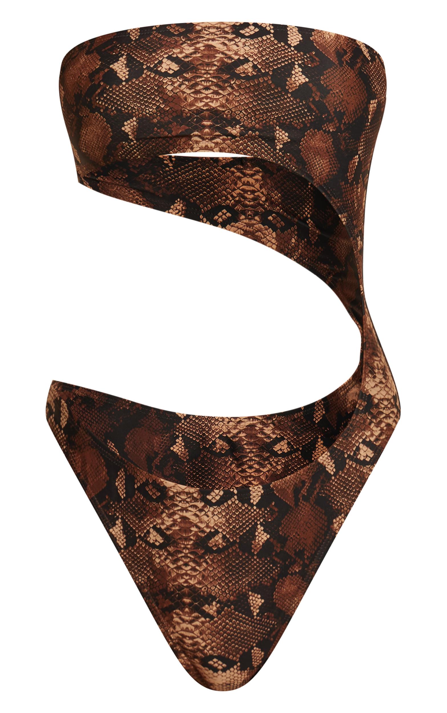 Brown Snake Print Bandeau Cut Out Swimsuit Product Image