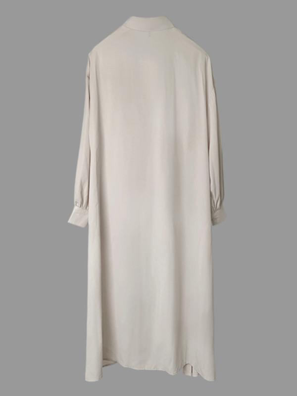 High-Low Long Sleeves Buttoned Drawstring Pleated Pockets Solid Color Lapel Midi Dresses Product Image