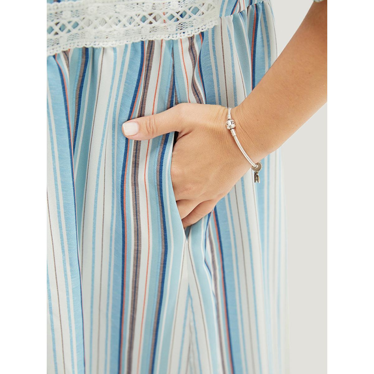 Plus Size Striped Contrast Pocket Lace Batwing Sleeve Midi Dress Blue Women Vacation Patchwork V-neck Short sleeve Curvy Midi Dress BloomChic 14-16/1X Product Image