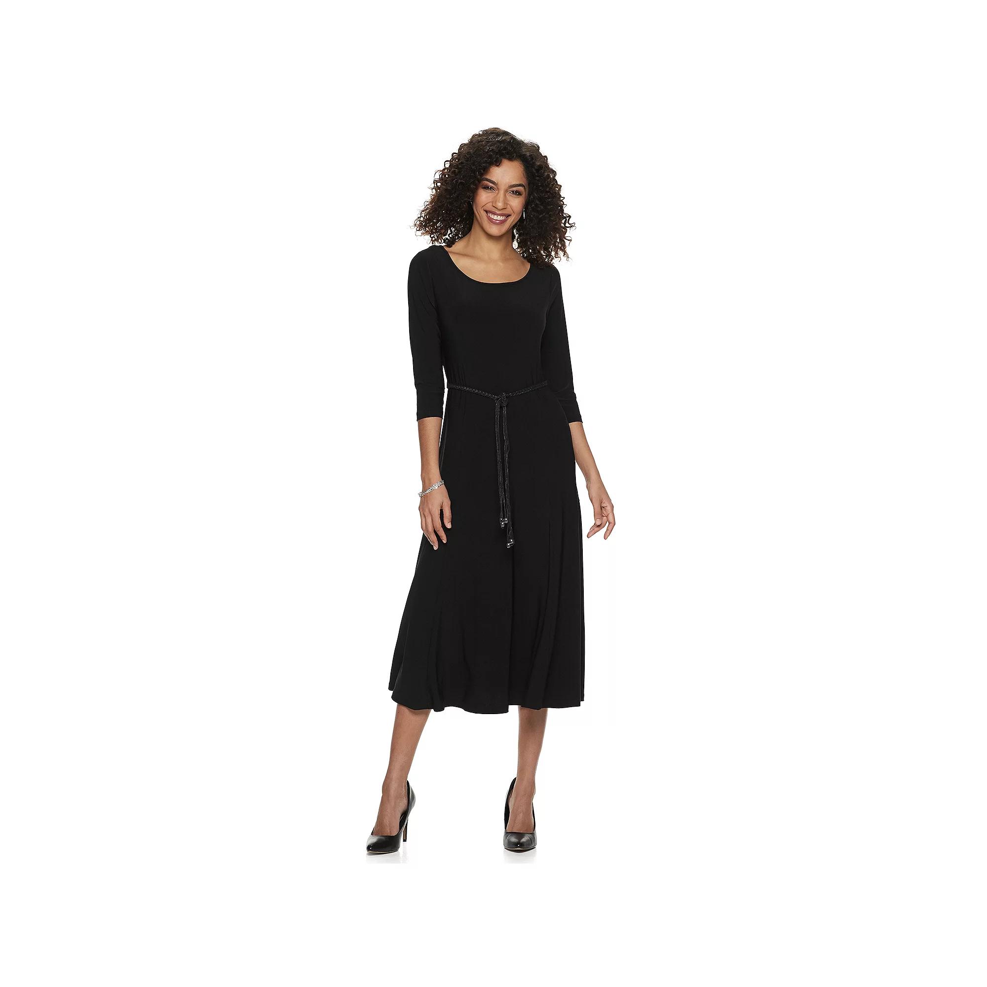 Women's Nina Leonard Three-Quarter Sleeve Belted Midi Dress,  Product Image