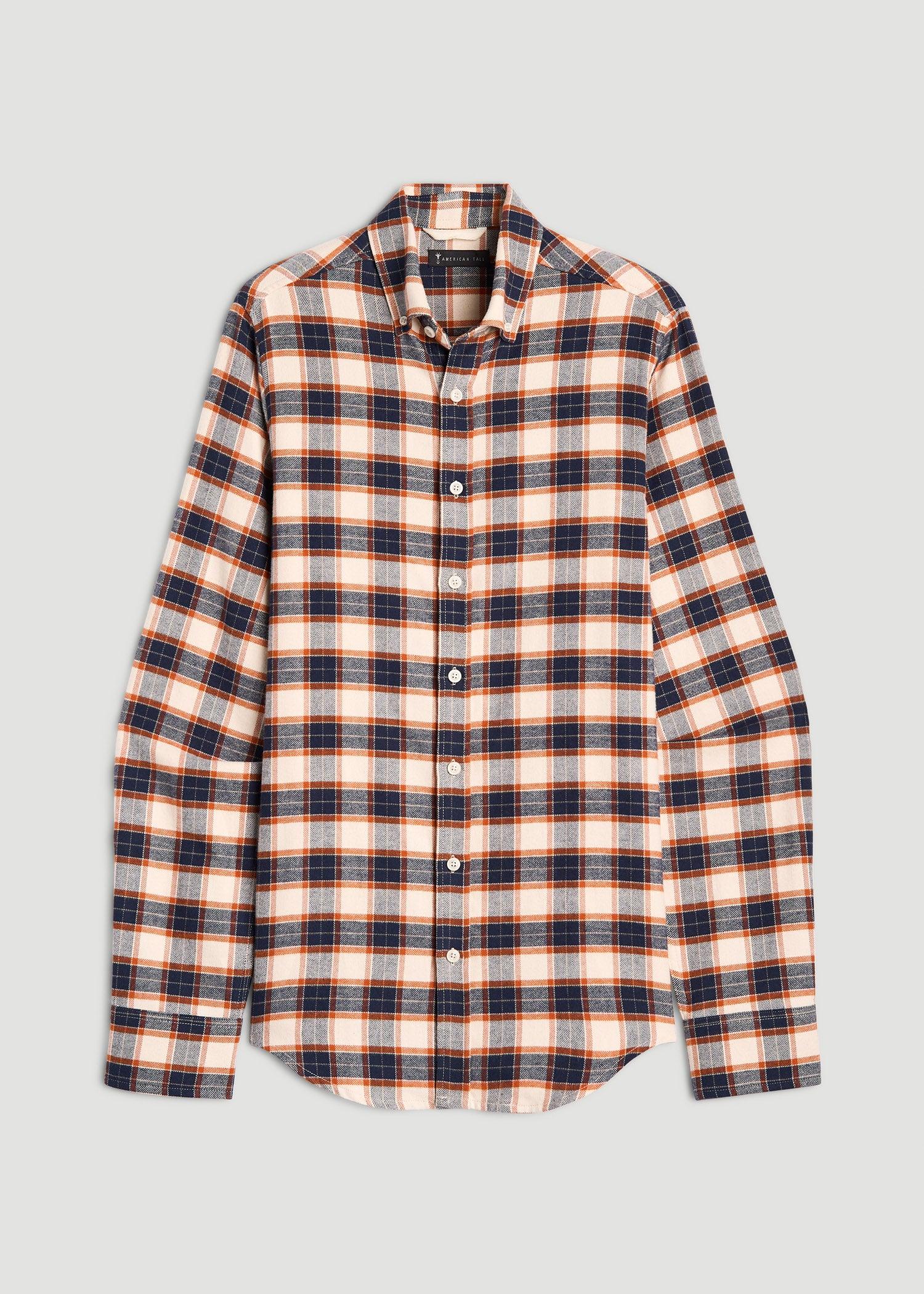 Midweight Brushed Flannel Button Shirt for Tall Men in Blue and Orange Plaid Male Product Image