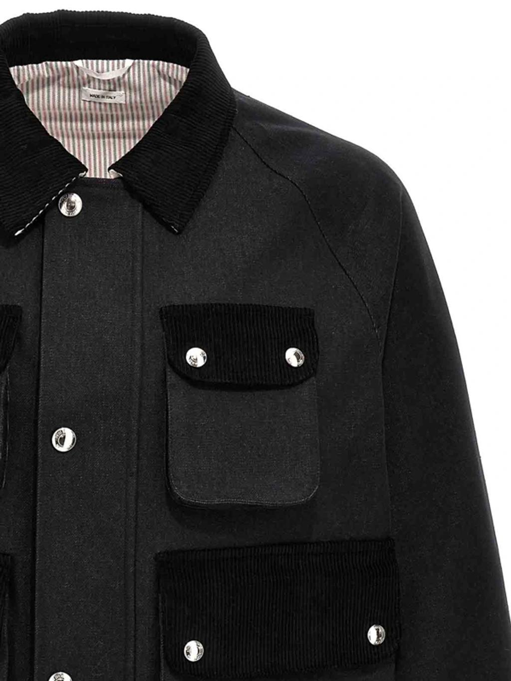 THOM BROWNE Cropped Relaxed Field Jacket Top Applied Pockets In Black Product Image