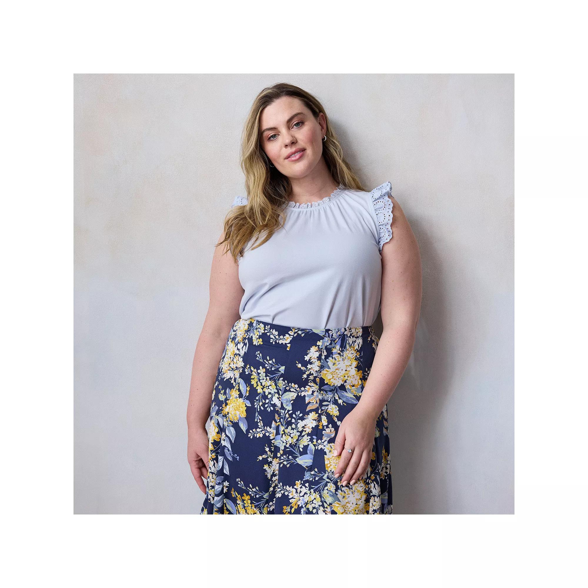 Plus Size LC Lauren Conrad Lace Ruffle Sleeve Crewneck Tank Top, Women's, Size: 3XL, Cool Daisy Product Image