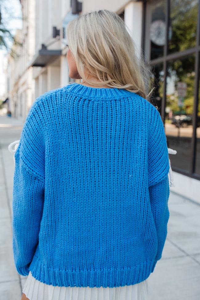 What A Doll Blue and Ivory Bow Embroidered Sweater FINAL SALE Product Image