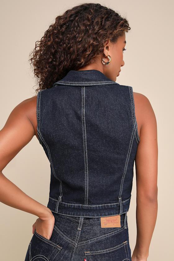 Night Break Dark Wash Collared Denim Vest Product Image
