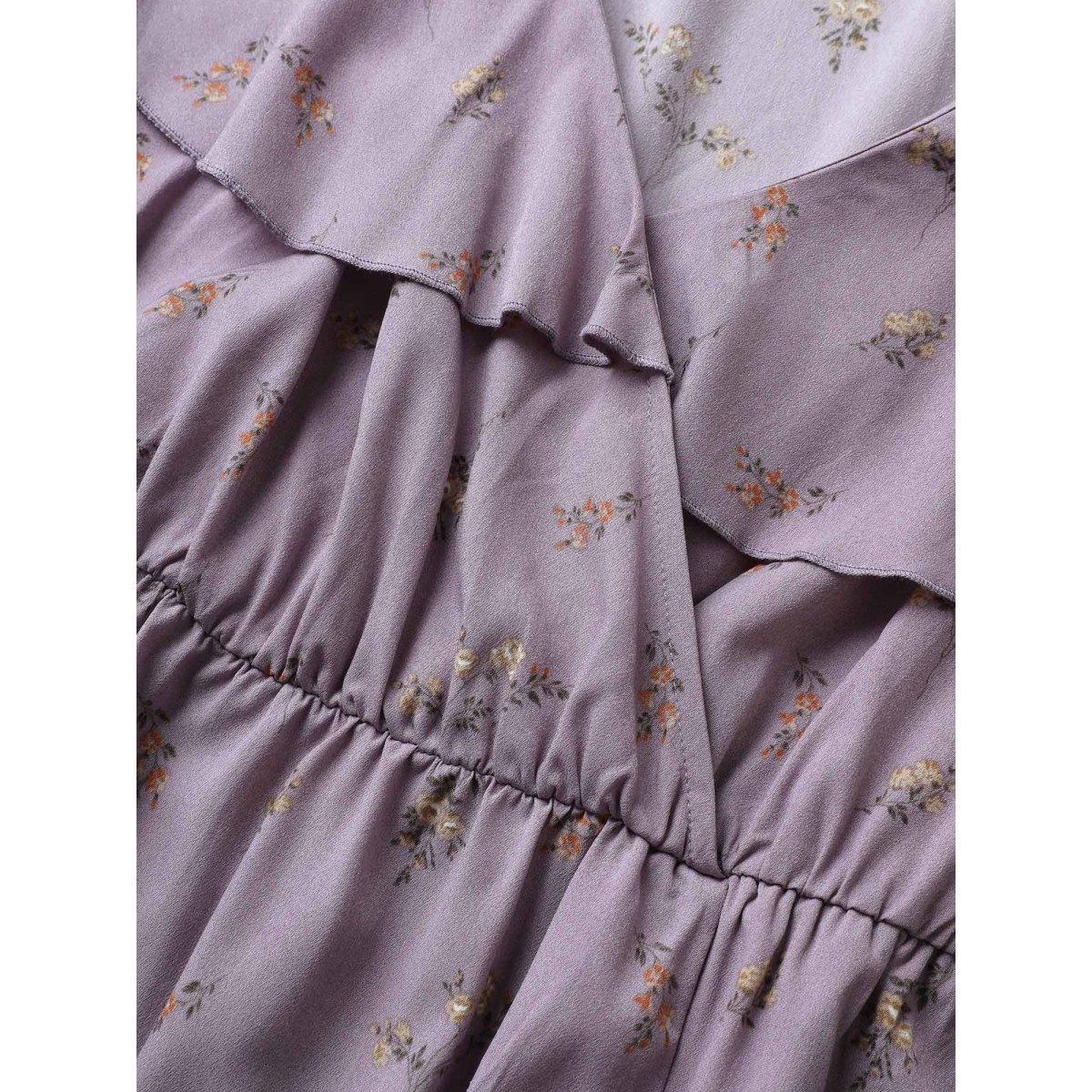 Plus Size Ditsy Floral Wrap Ruffle Cap Sleeve Split Hem Dress Mauve Women Elegant Non Overlap Collar Cap Sleeve Curvy Midi Dress BloomChic 28/5X Product Image