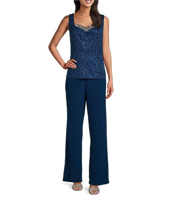 R & M Richards Glitter Lace Sweetheart Neck Beaded 3-Piece Pantsuit Product Image