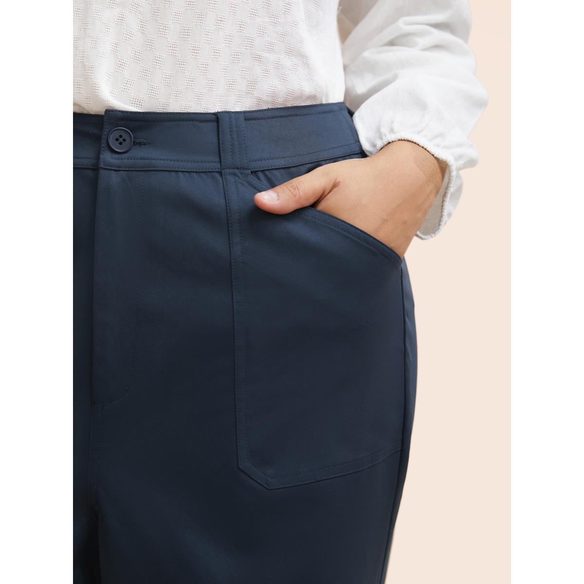 Plus Size Solid Buttoned Zipper Wide Leg Pants Women Indigo Casual Wide Leg Mid Rise Everyday Pants BloomChic 12/L Product Image