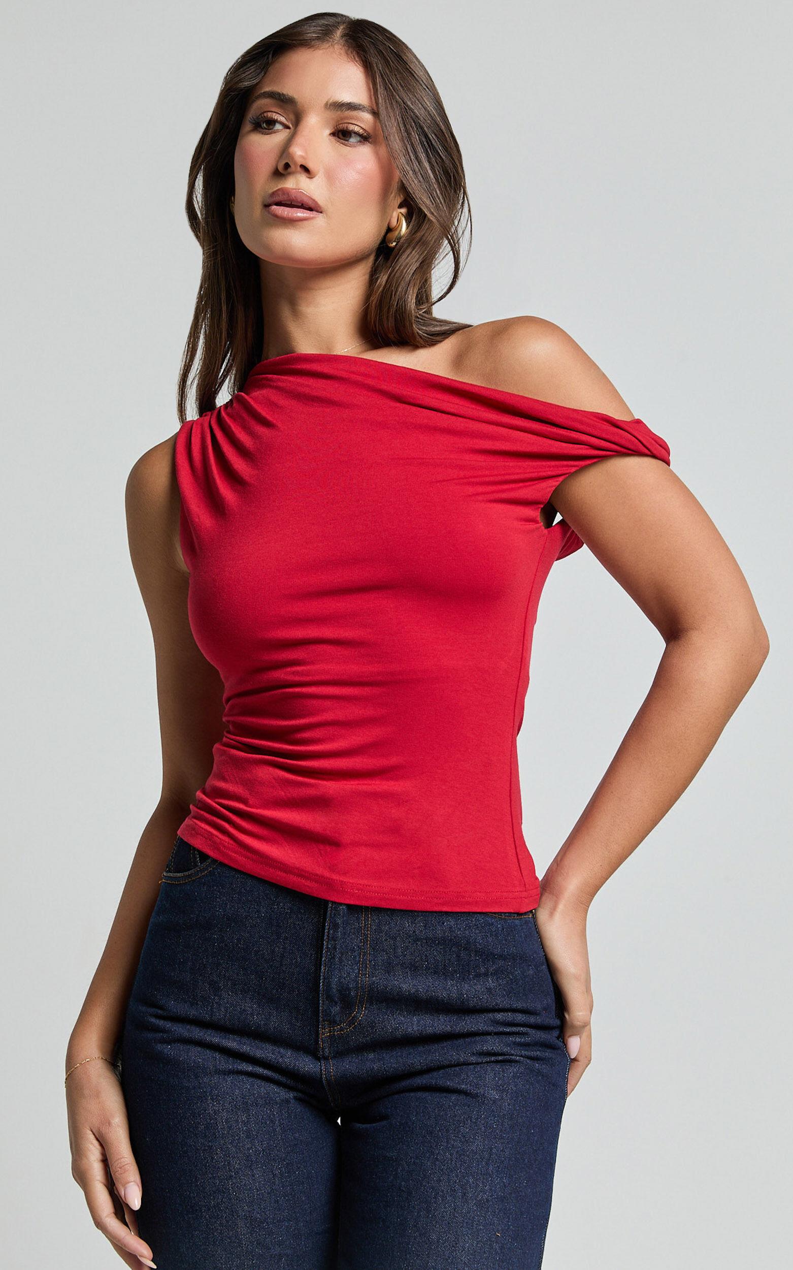 Jialeen Top - Off Shoulder Twist Asymmetrical Sleeve Top in Red Product Image