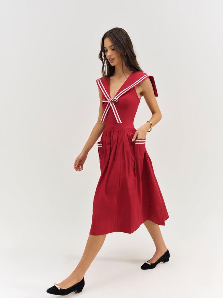 Helena Poplin Collared Midi Dress — Red Product Image