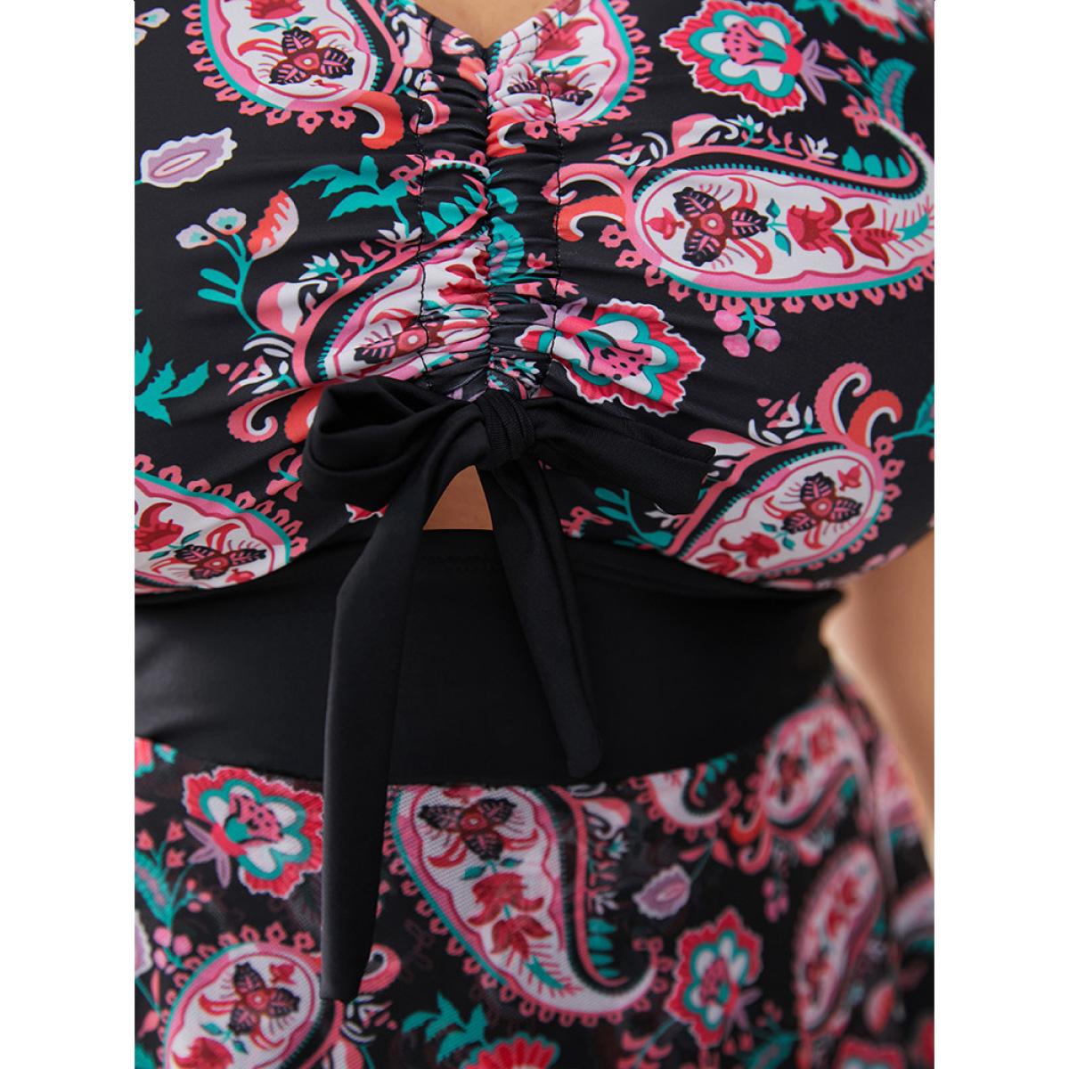 Plus Size Bandana Print Tiered Hem Ruched Knotted Cut Out Swim Dress Women's Swimwear BlackFlower Vacation Bodycon V-neck High stretch Curve Swim Dresses BloomChic 22-24/3X Product Image