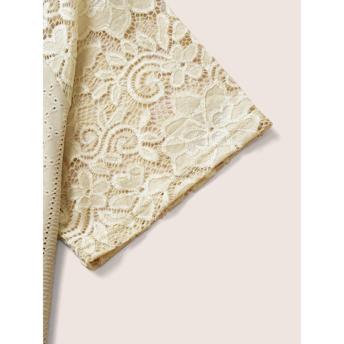 Plus Size Solid Broderie Anglaise Lace Raglan Sleeve T-shirt Champagne Women Elegant See through Plain Round Neck Everyday T-shirts BloomChic 12/L Product Image