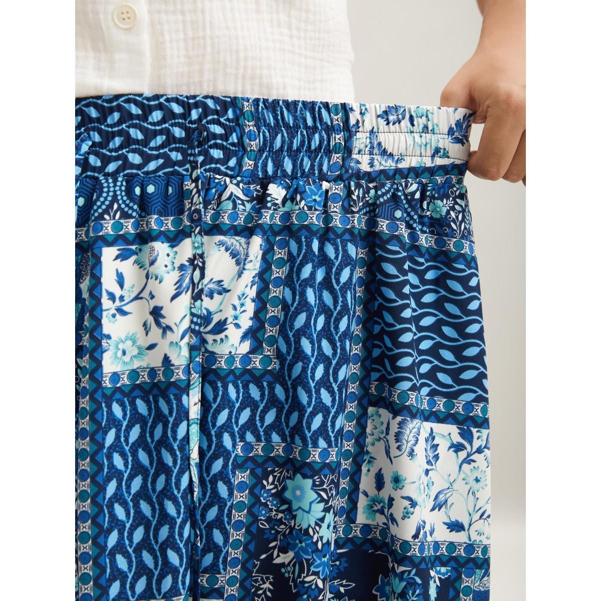 Plus Size Collage Floral Print Flared Maxi Skirt Women Mediumblue Resort Patchwork Low stretch Slanted pocket Vacation Skirts BloomChic 22-24/3X Product Image